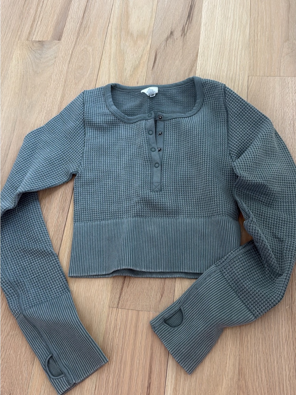 aerie Olive Waffle Henley Long Sleeve Crop Top